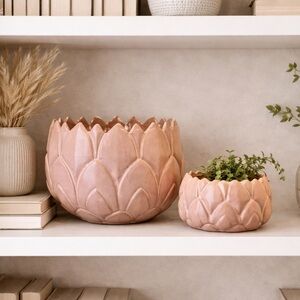 2 Anthropologie Pink Lotus Artichoke 7” &  3” Wide Ceramic Planters Flower Pots